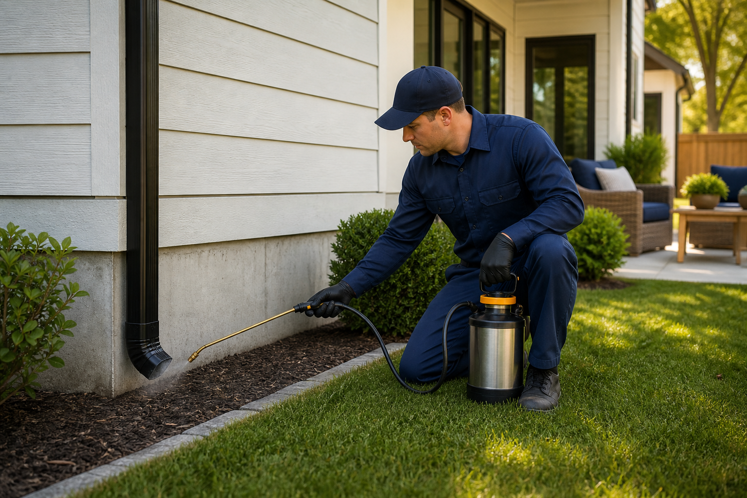 Pest control professional treating a backyard lawn