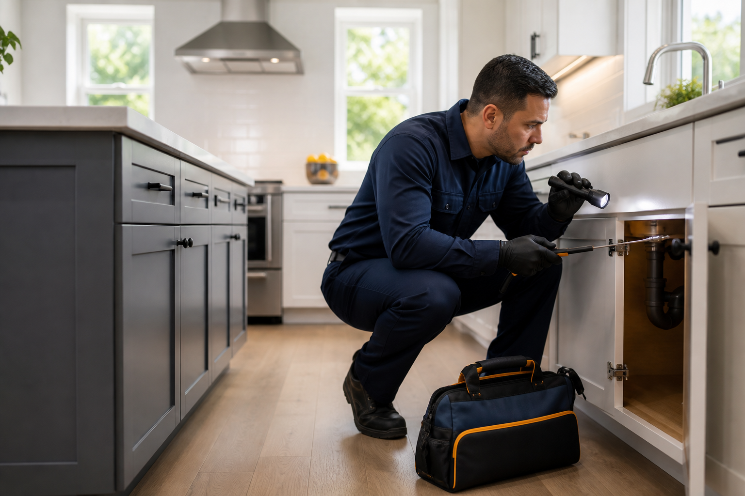 Pest control professional inspecting a garage for pest activity