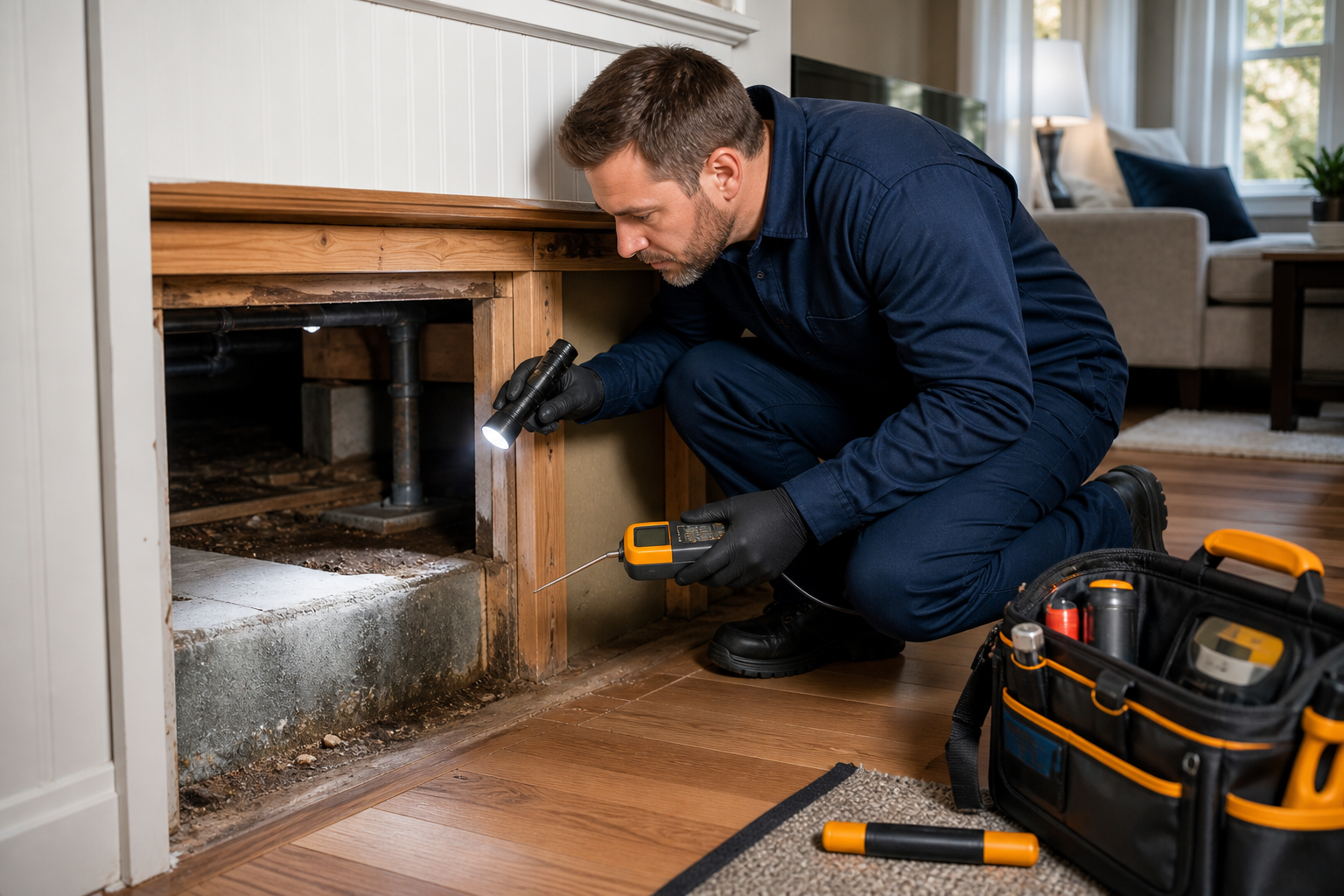 Pest control professional inspecting a home foundation for termite damage