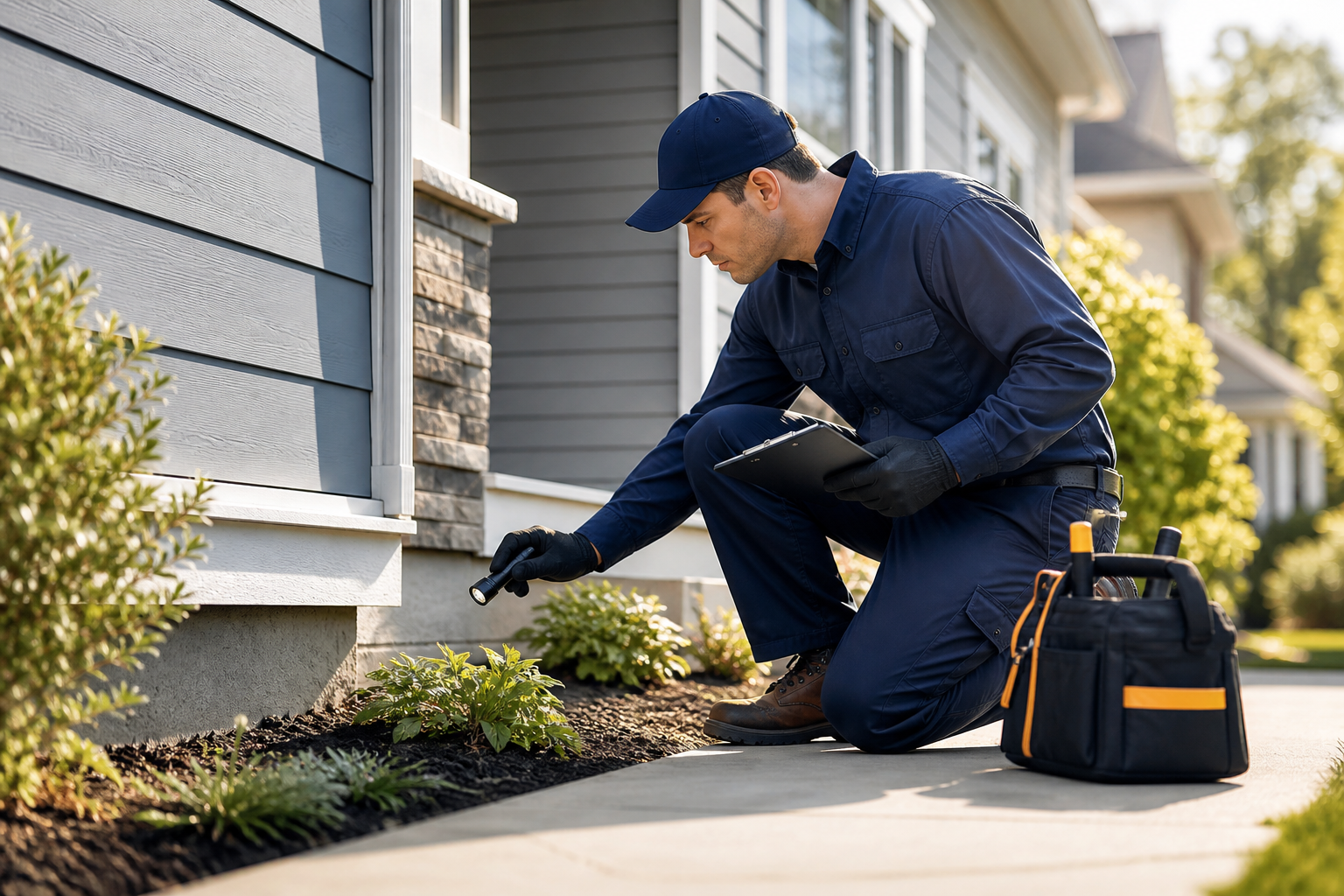 Pest control professional treating a home exterior