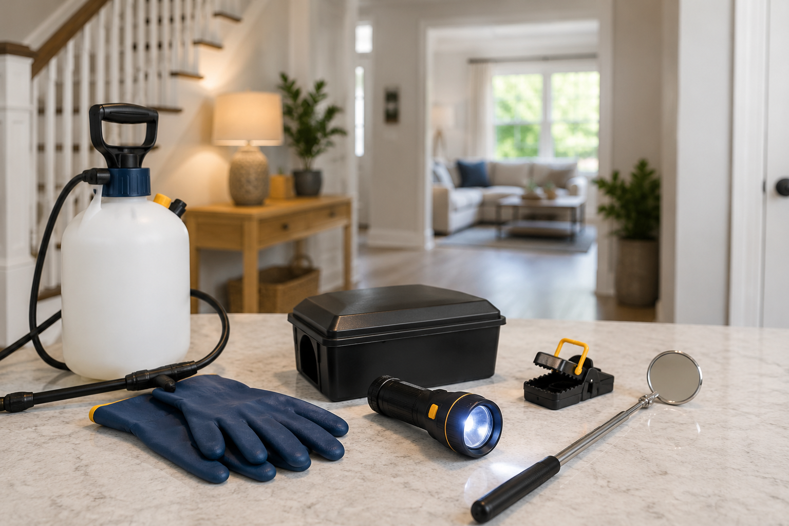 General pest control equipment, including a pump sprayer, rodent bait stations, protective gloves, and inspection tools