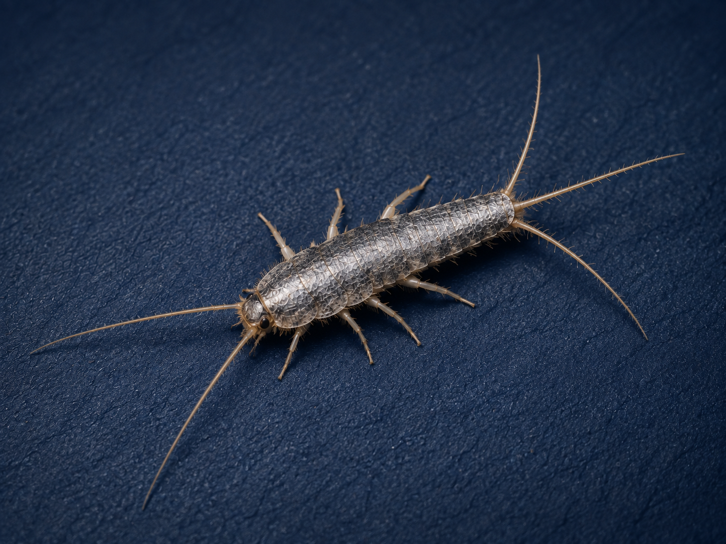 Close-up of a silverfish insect on a light textured surface