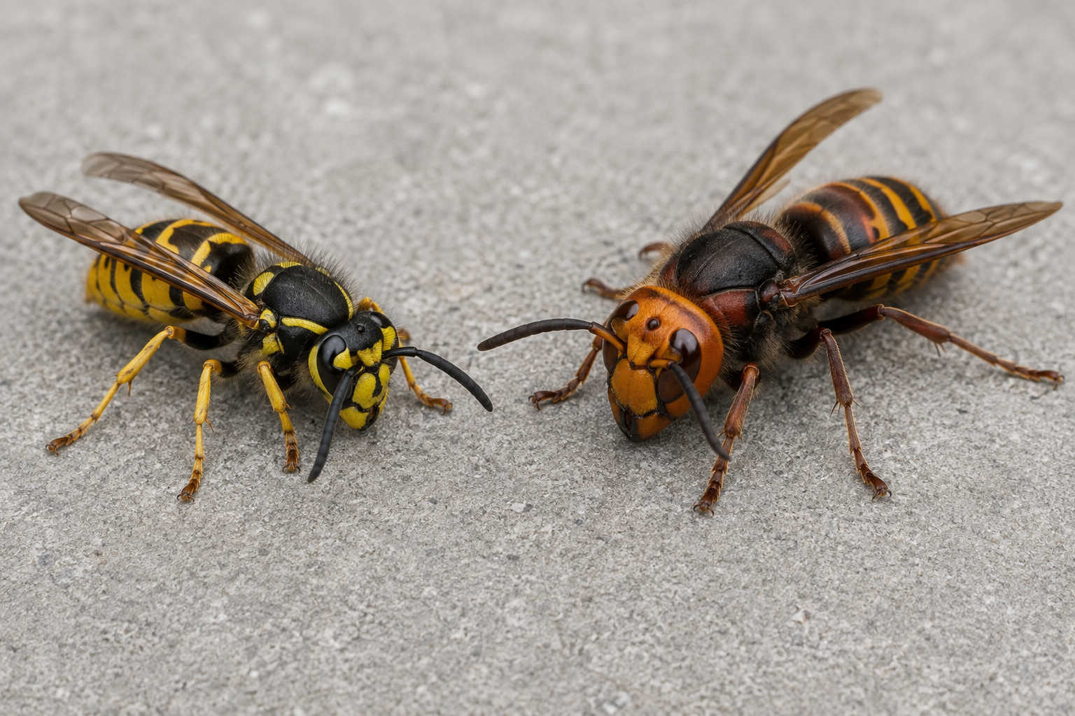 A yellow jacket wasp and a larger hornet facing each other on a gray concrete surface