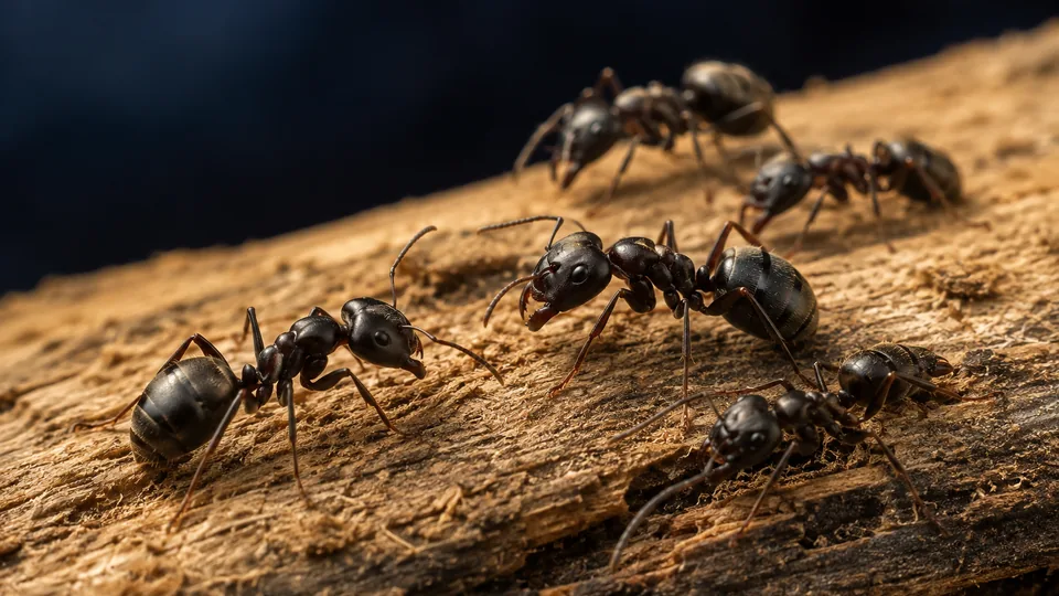 Ants on a piece of wood