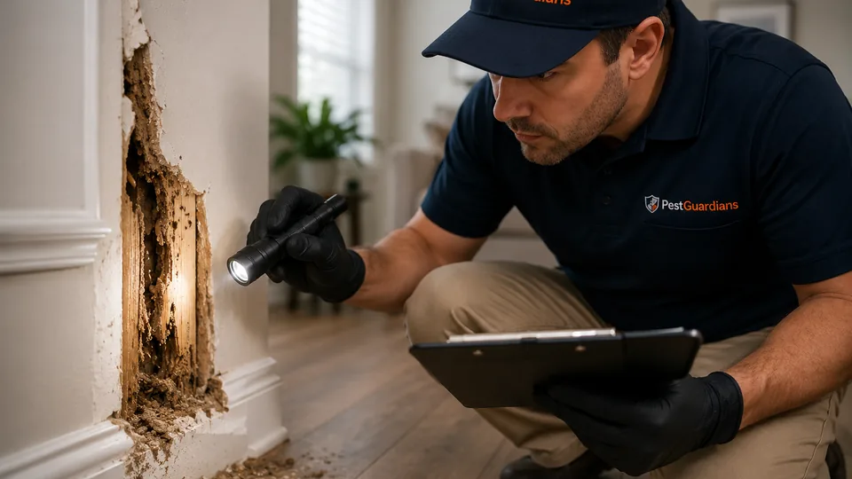 A person inspecting wood inside a building