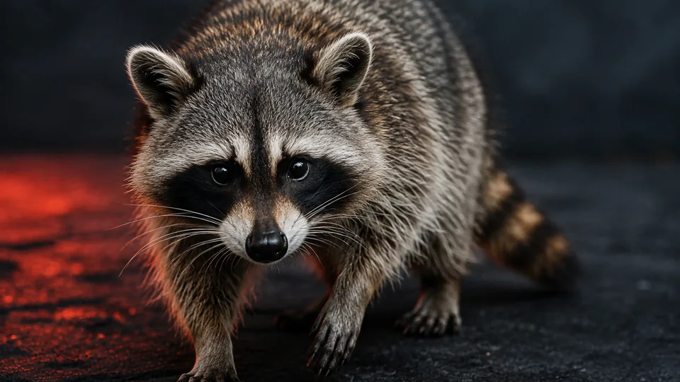 A raccoon on a dark surface